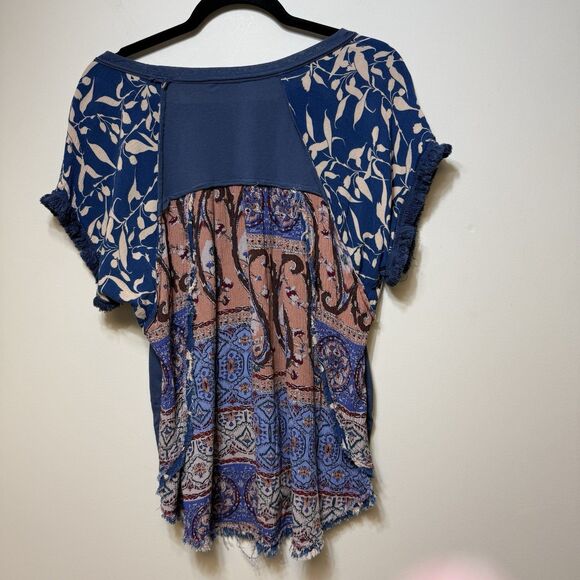 UMGEE Blue Cream Multi BOHO PRINTs Knit Fringe Lace Trim Top XL - Picture 5 of 5